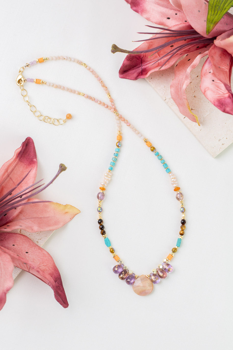 Joy 19-21" Pink Opal, Czech Glass, Freshwater Pearl Collage Necklace