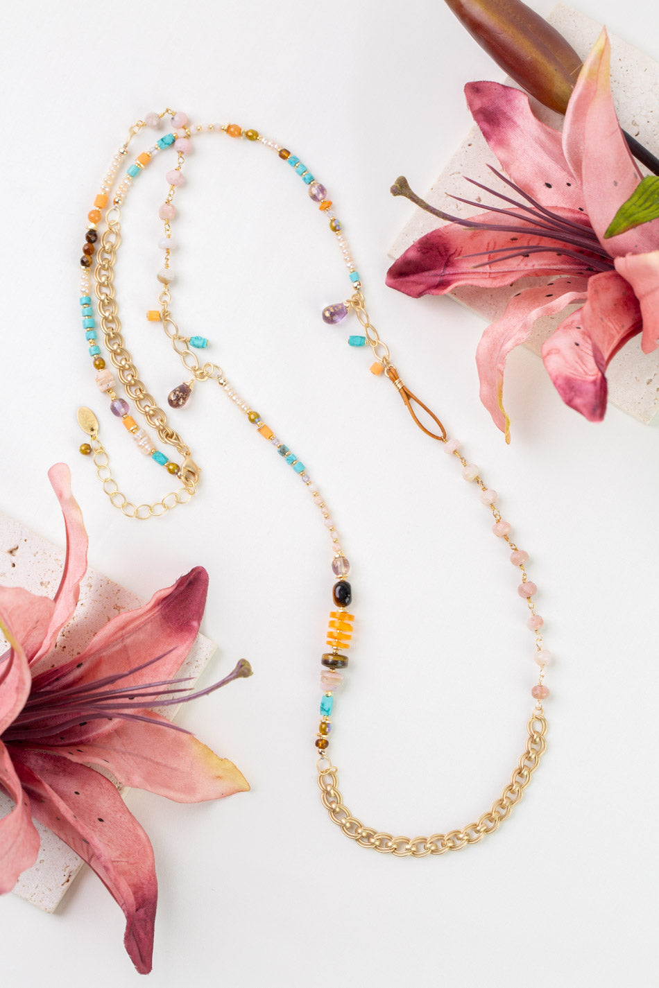 Joy 35-37" Pink Opal, Czech Glass, Turquoise Collage Necklace