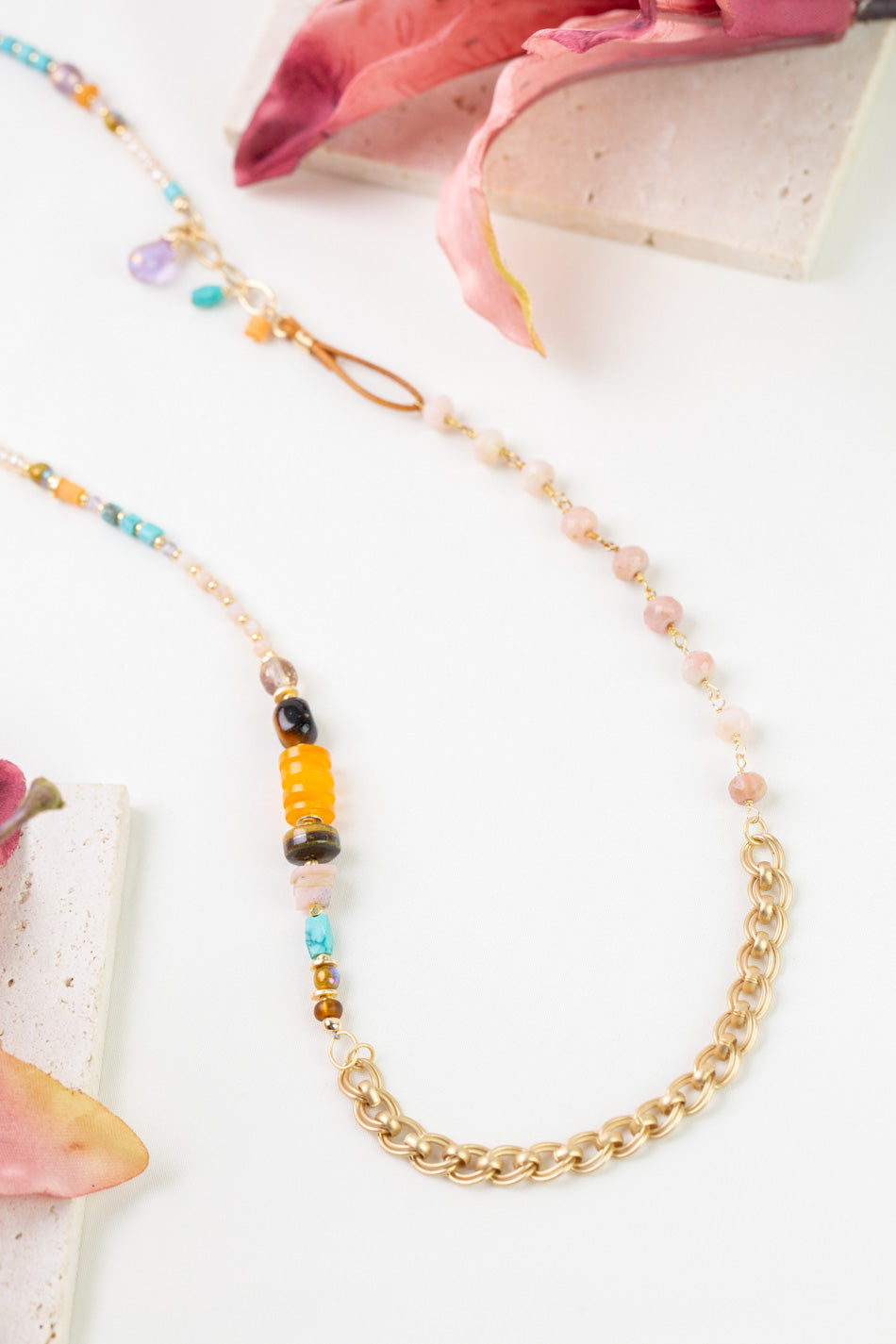 Joy 35-37" Pink Opal, Czech Glass, Turquoise Collage Necklace
