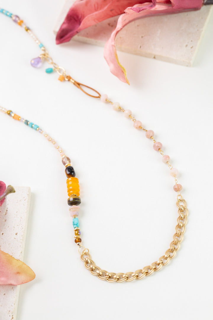Joy 35-37" Pink Opal, Czech Glass, Turquoise Collage Necklace