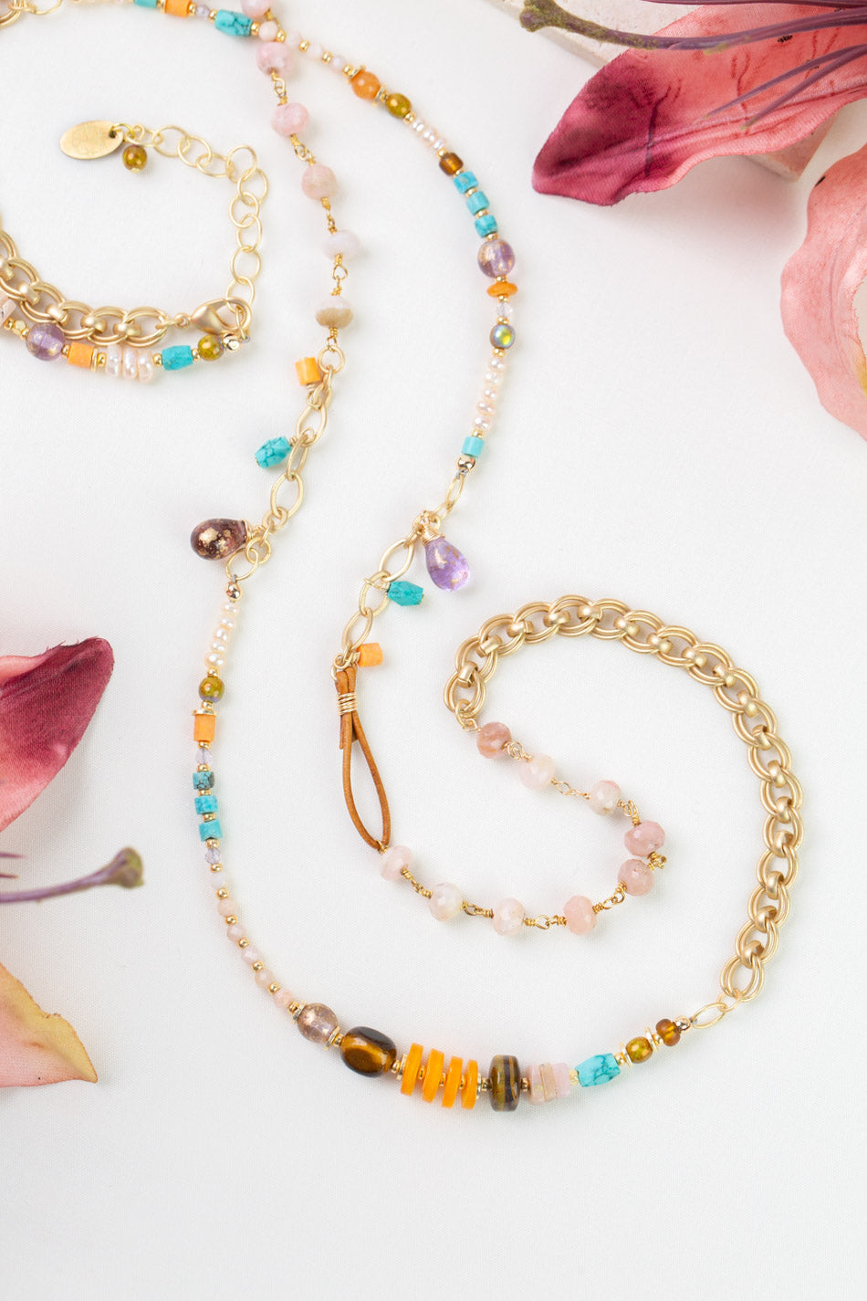Joy 35-37" Pink Opal, Czech Glass, Turquoise Collage Necklace
