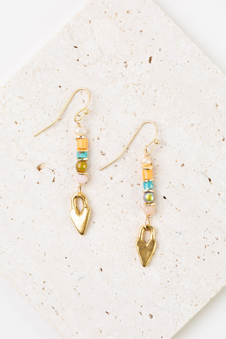 Joy Gold Heart, Freshwater Pearl, Pink Opal Dangle Earrings