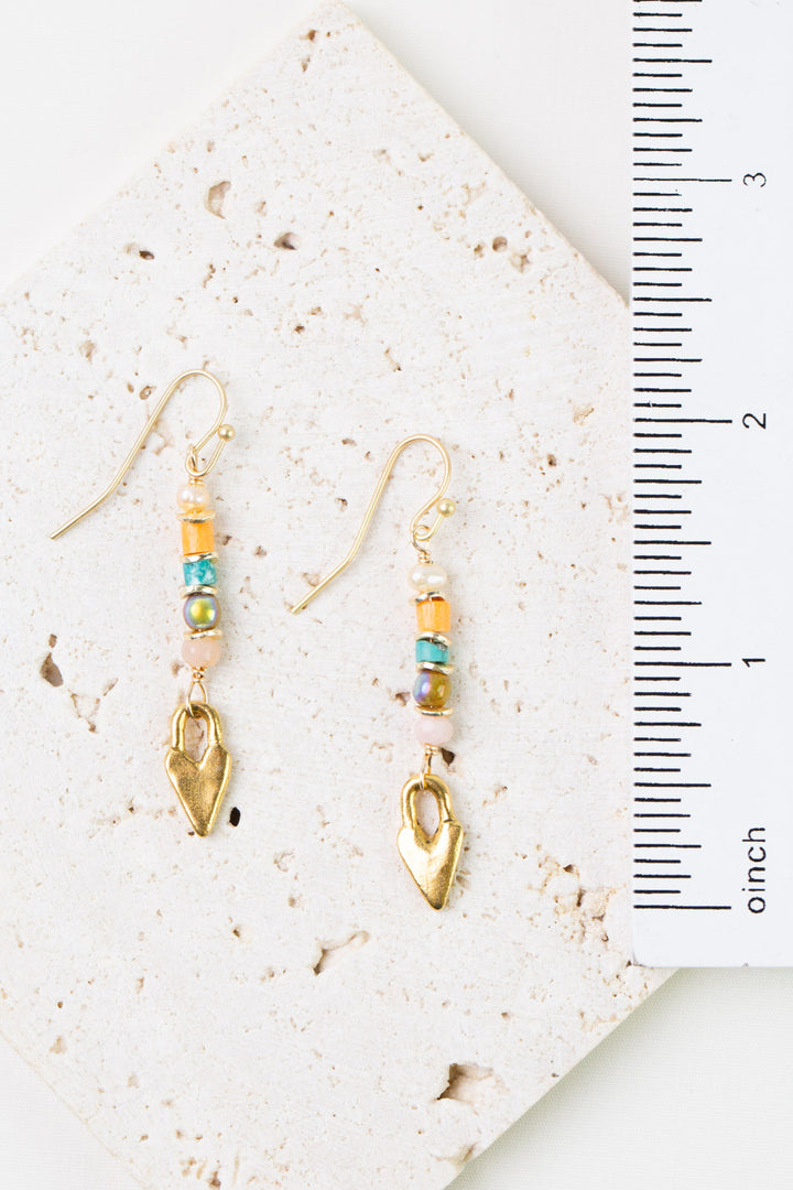 Joy Gold Heart, Freshwater Pearl, Pink Opal Dangle Earrings