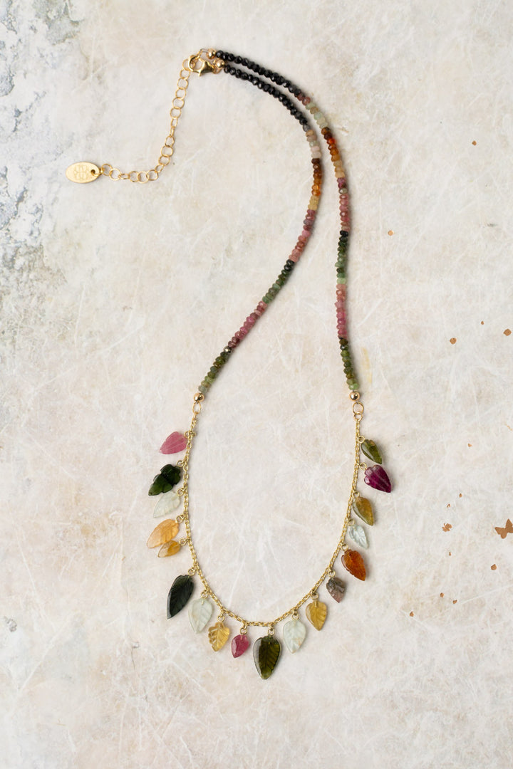 Limited Edition 16.25-18.25" Tourmaline Carved Leaves Simple Necklace