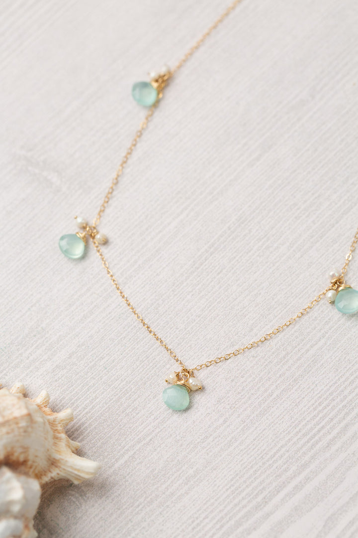 Limited Edition 17.5-19.5" Freshwater Pearl With Seafoam Blue/Green Chalcedony Briolettes Simple Necklace