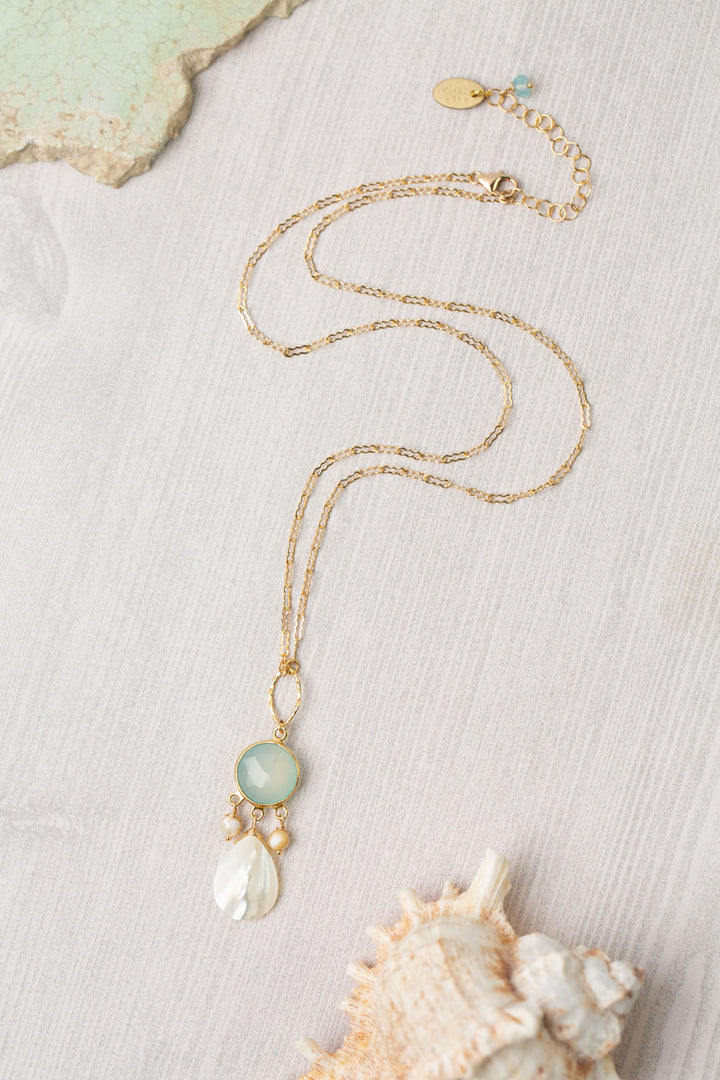 Limited Edition 17.25-19.25" Chalcedony with Mother Of Pearl Smooth Teardrop Simple Necklace