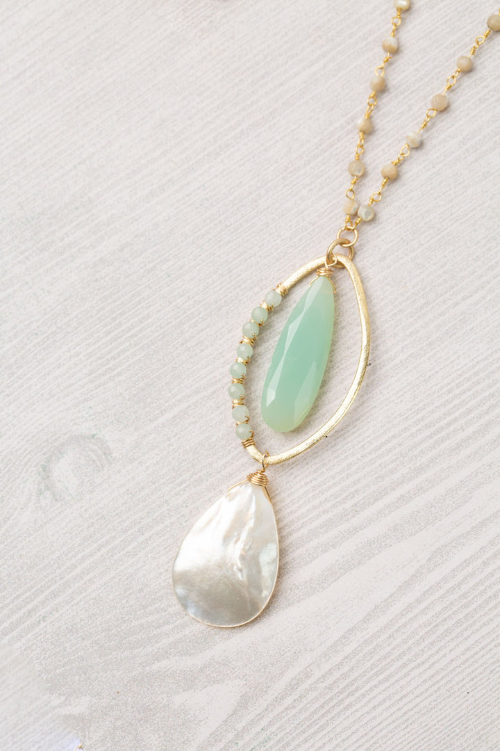 Limited Edition 23-25" Seafoam Faceted Chalcedony Long Drop With Mother Of Pearl Smooth Teardrop Simple Necklace