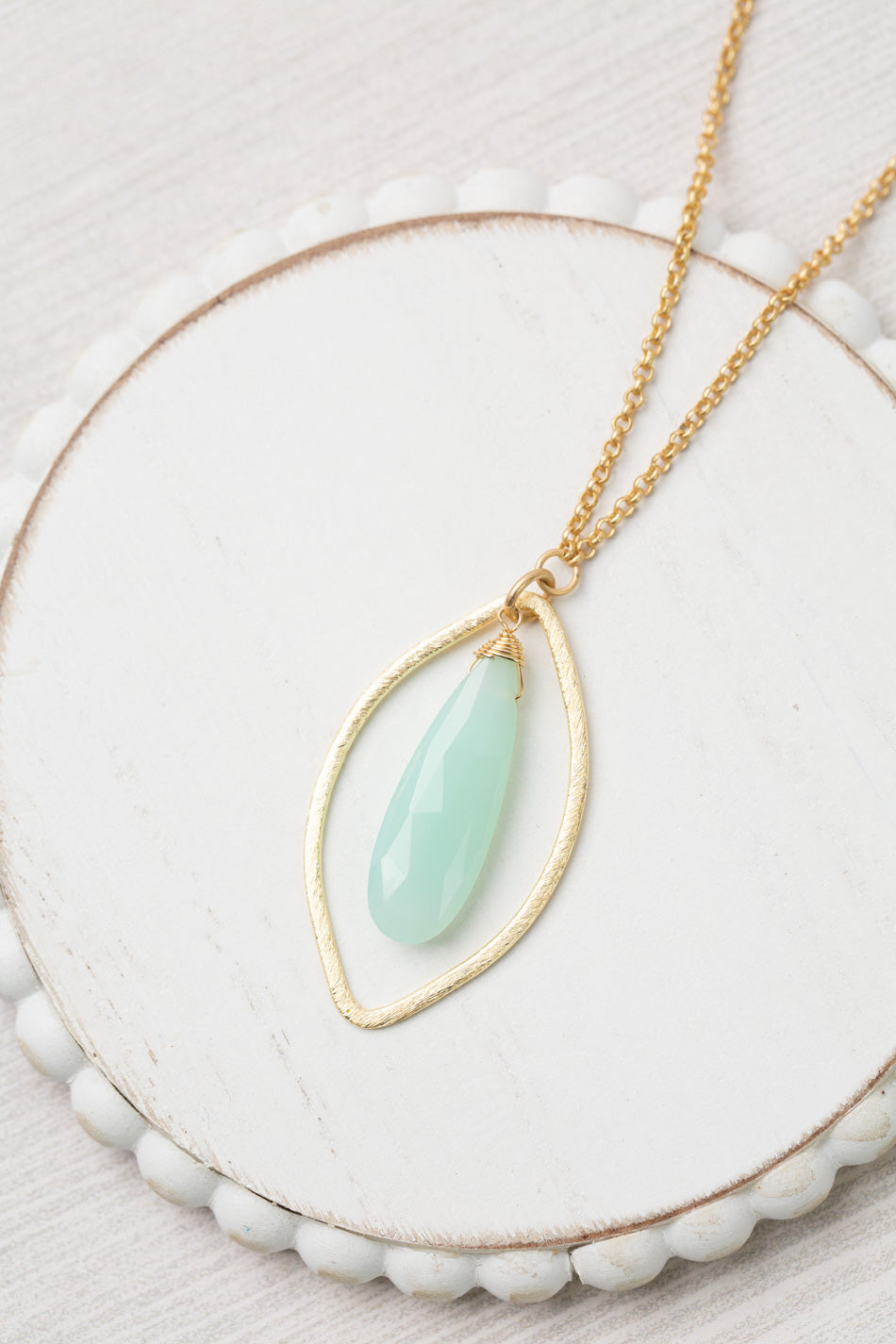 Limited Edition 20-22" Faceted Chalcedony Long Drop With Brushed Gold Oval Simple Necklace