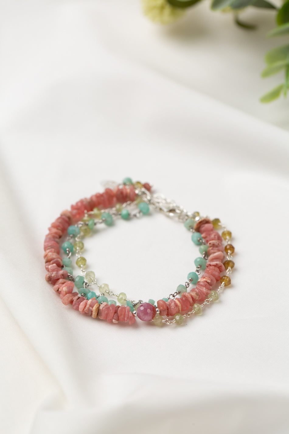 Limited Edition 7.5-8.5" Amazonite, Rhodochrosite, Grossular Green Garnet Multistrand Bracelet