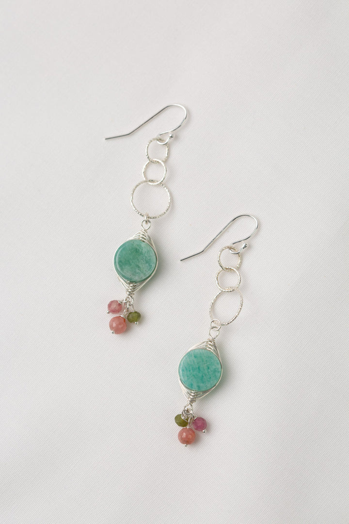 Limited Edition Grossular Green Garnet, Rhodochrosite, Pink Tourmaline With Herringbone Wrapped Amazonite Coin Herringbone Earrings