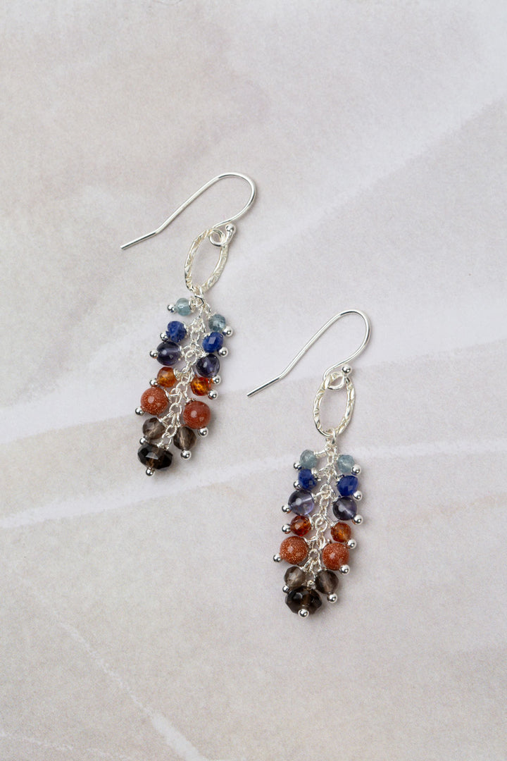 Limited Edition Faceted Smoky Quartz, Iolite, Goldstone Cluster Earrings