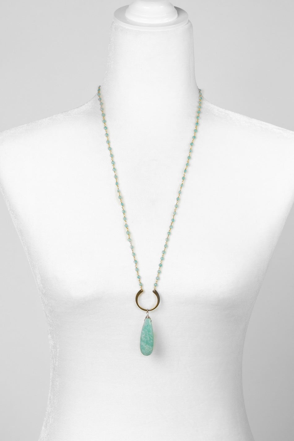 Mango Tango 28-30"  Matte Gold Plated Brass U Shape Focal With Amazonite Teardrop Briolette Statement Necklace