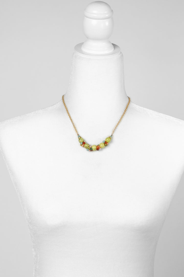 Mango Tango 16-18" Lime Green Howlite With Amazonite, Carnelian, Opal, Roman Glass, And Jade Cluster Necklace