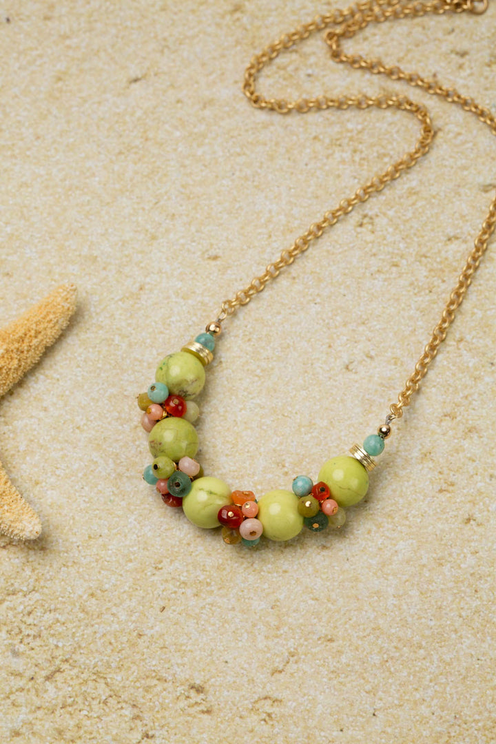 Mango Tango 16-18" Lime Green Howlite With Amazonite, Carnelian, Opal, Roman Glass, And Jade Cluster Necklace