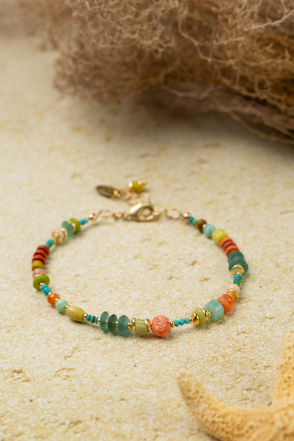 Mango Tango 7.5-8.5" Roman Glass, Red Jasper, Amazonite, Turquoise, Opal, Handmade Clay Beads Collage Bracelet