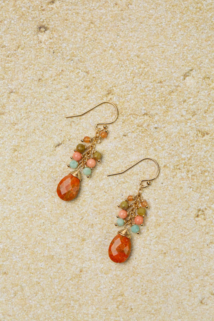 Mango Tango Amazonite, Jade With Natural Orange Turquoise Briolette Cluster Earrings