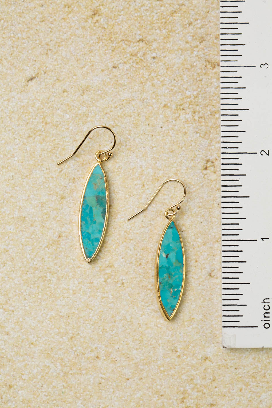 Mango Tango Gold Plated Long Marquise Shaped Turquoise Bezel Simple Earrings