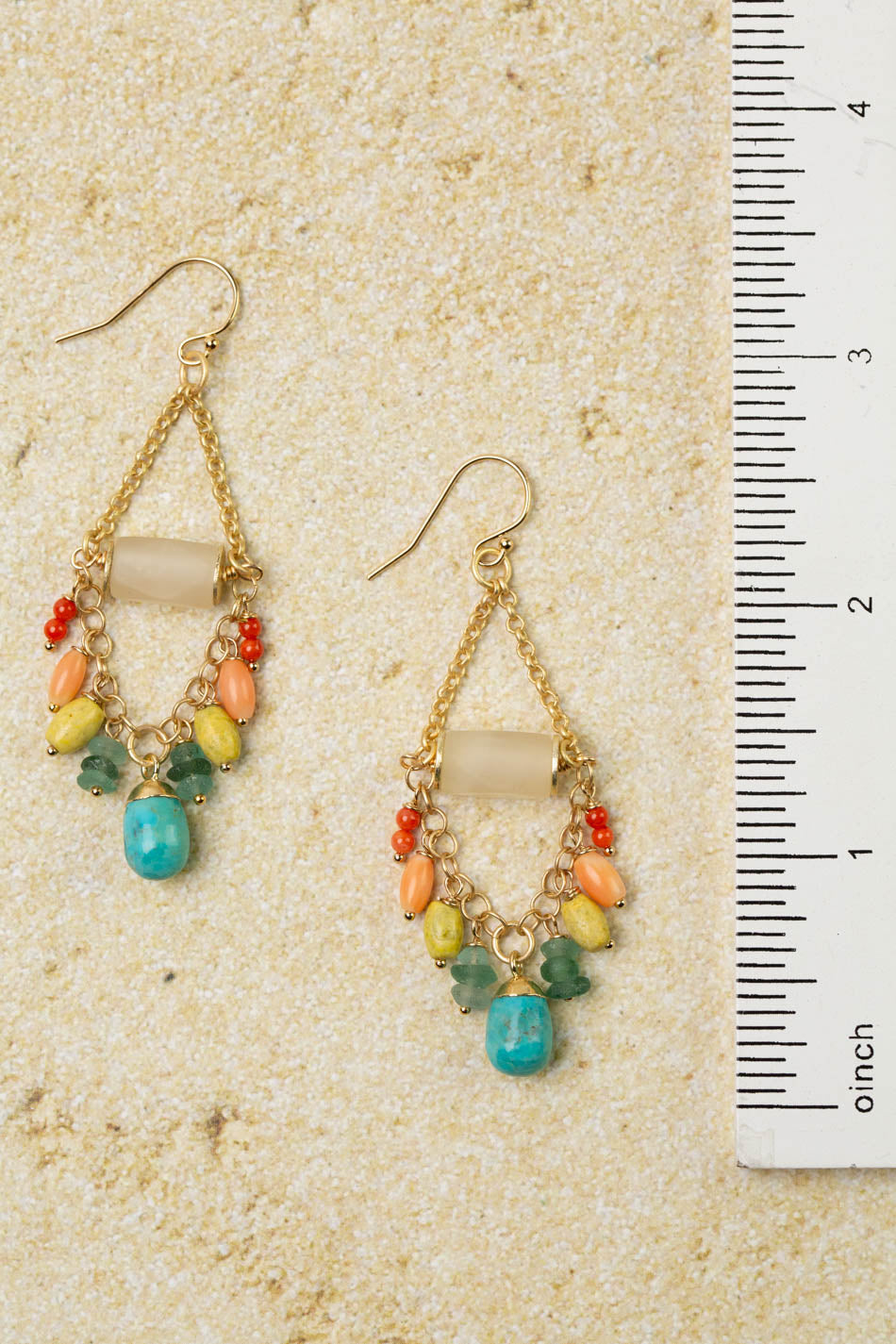 Mango Tango Matte Calcite With Roman Glass And Turquoise Dangles Statement Earrings