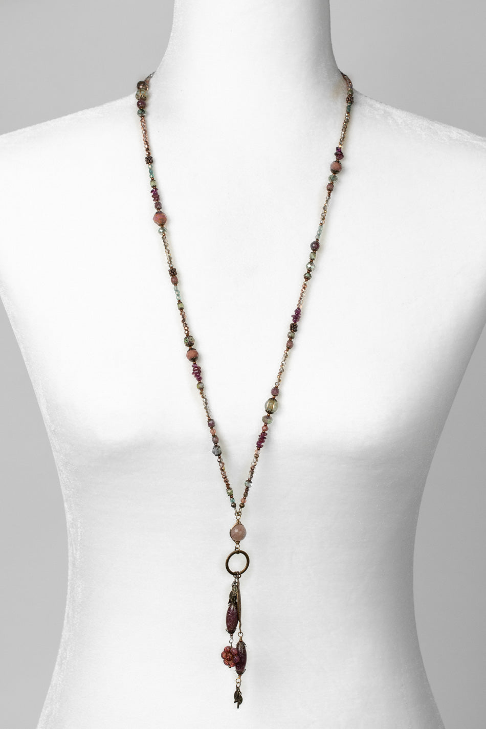 Mauve Mix 32.5 Peach Moonstone, Lepidolite, Czech Glass Lariat Necklace