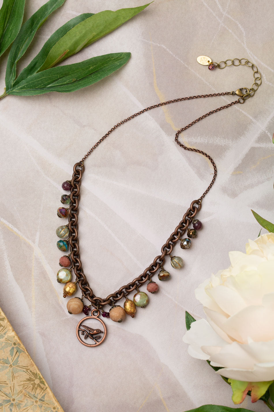 Mauve Mix 17-19" Druzy Agate, Czech Glass, Garnet, Lepidolite With Copper Plated Brass Bird On Tree Limb Statement Necklace