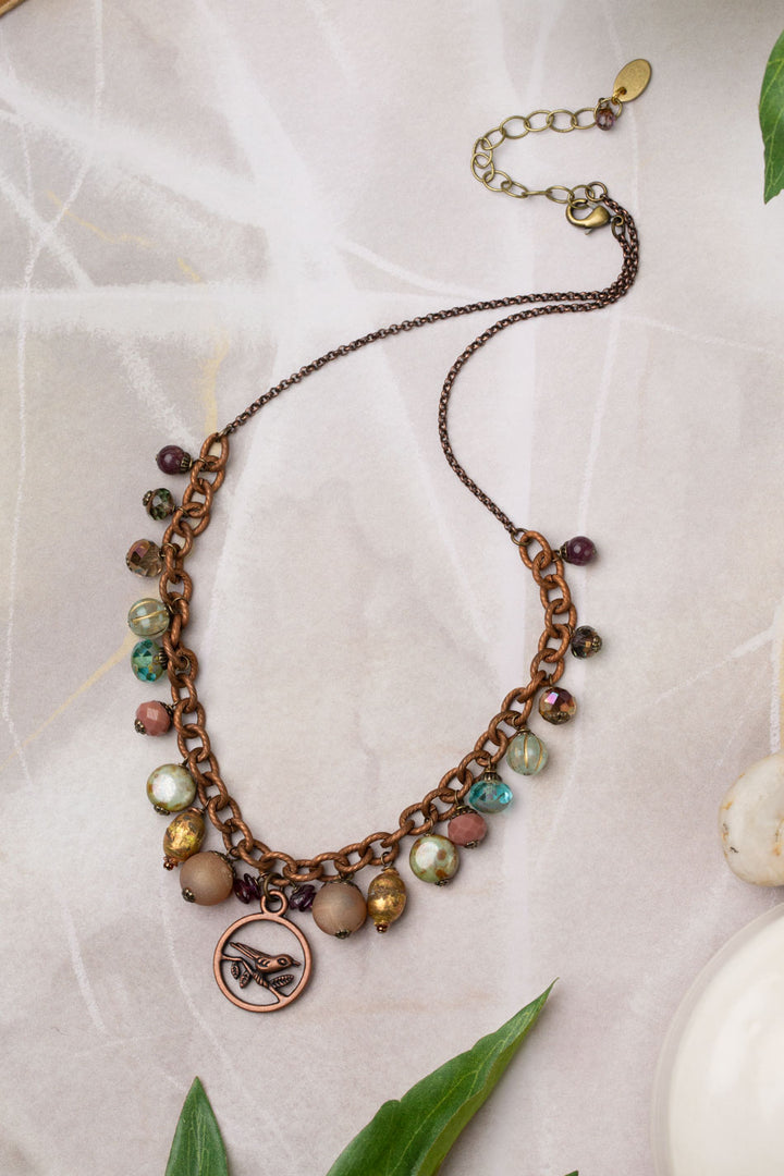 Mauve Mix 17-19" Druzy Agate, Czech Glass, Garnet, Lepidolite With Copper Plated Brass Bird On Tree Limb Statement Necklace