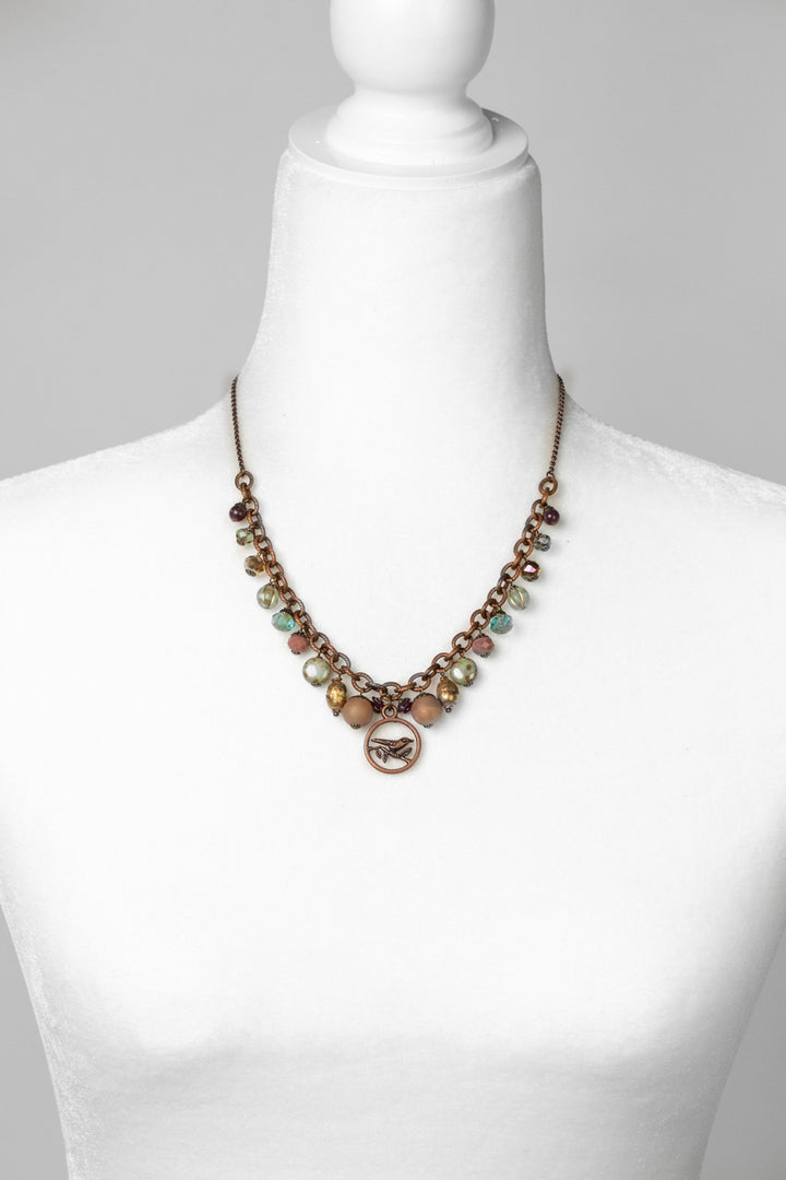 Mauve Mix 17-19" Druzy Agate, Czech Glass, Garnet, Lepidolite With Copper Plated Brass Bird On Tree Limb Statement Necklace