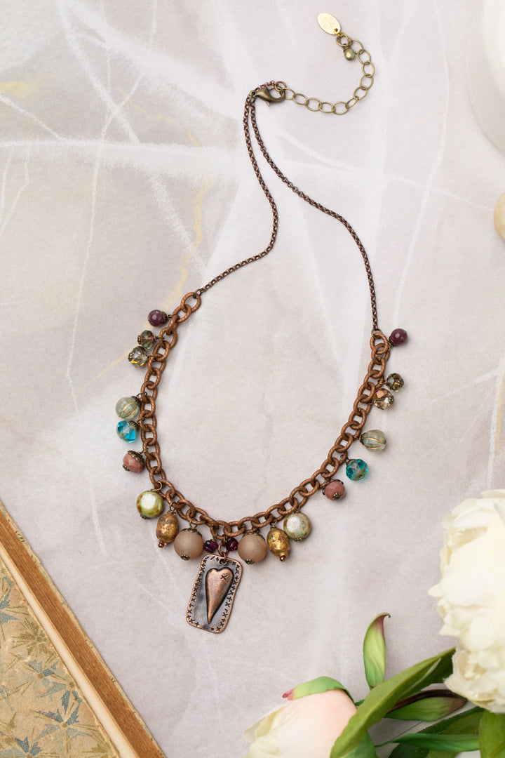 Mauve Mix 17-19" Druzy Agate, Czech Glass, Garnet, Lepidolite With Copper Plated Brass Heart Pendant Statement Necklace