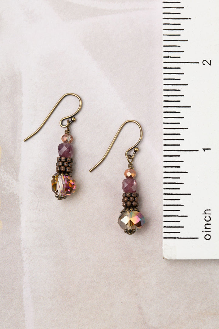 Mauve Mix Faceted Lepidolite Cube, Antique Copper With Plated Crystal Simple Earrings