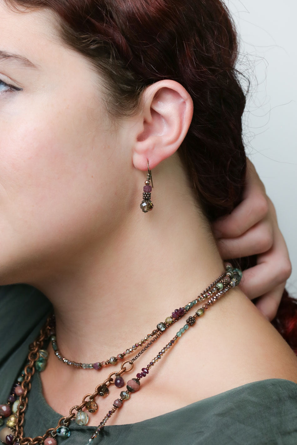 Mauve Mix Faceted Lepidolite Cube, Antique Copper With Plated Crystal Simple Earrings