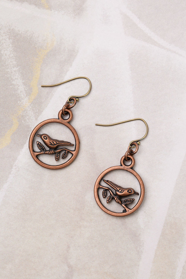 Mauve Mix Copper Plated Brass Bird On Tree Limb Simple Earrings