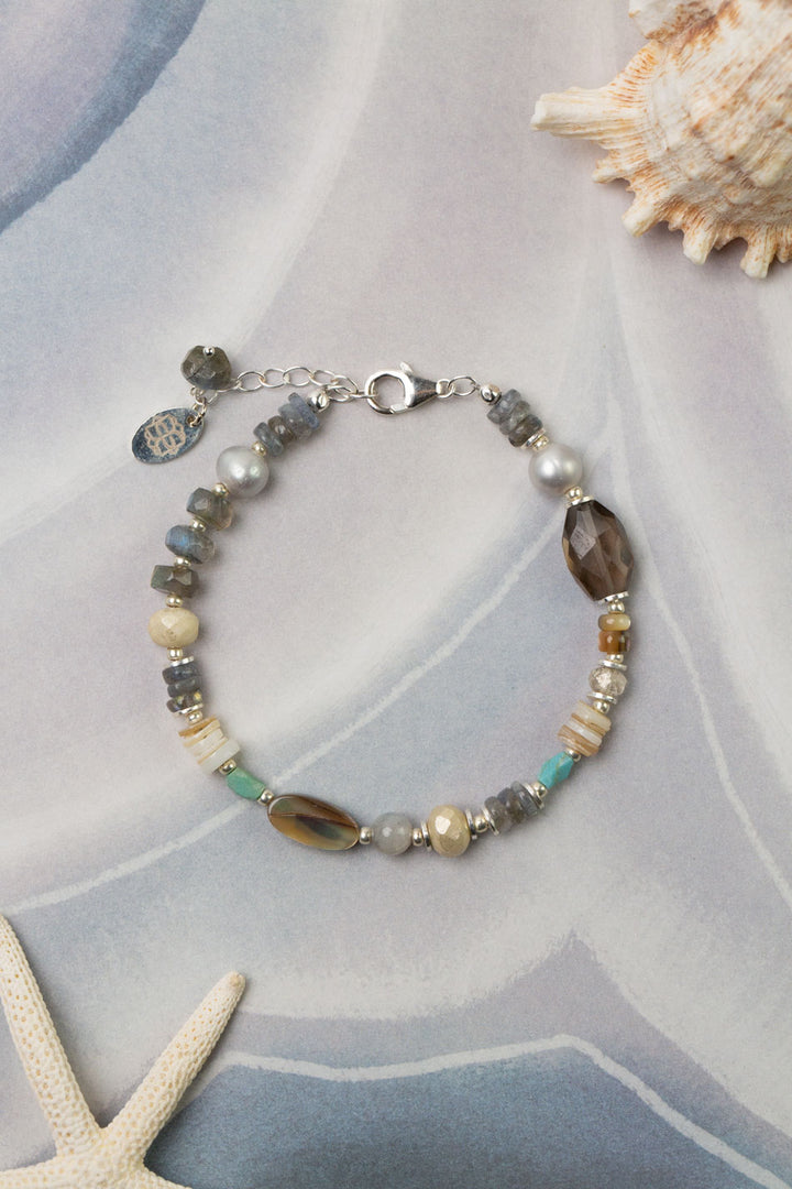 Mystic 7-8" Labradorite, Freshwater Pearl, Smokey Quartz Collage Bracelet