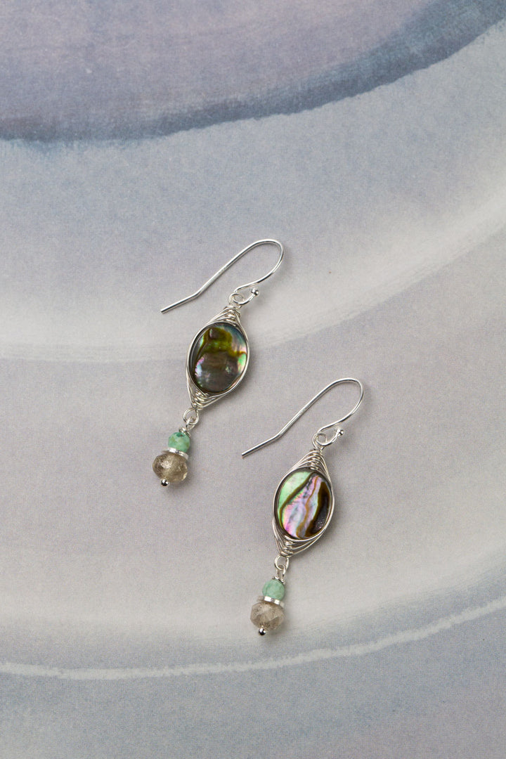 Mystic Abalone With Turquoise And Czech Glass Dangle Herringbone Earrings