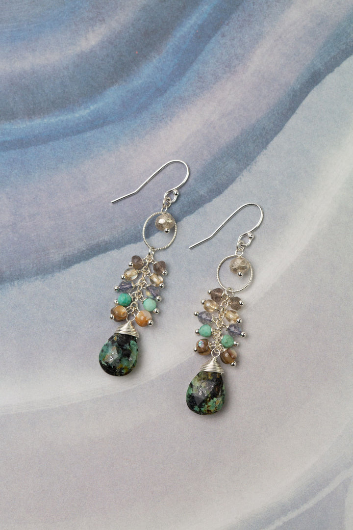 Mystic African Turquoise With Abalone, Czech Glass, Labradorite, And Turquoise Cluster Earrings