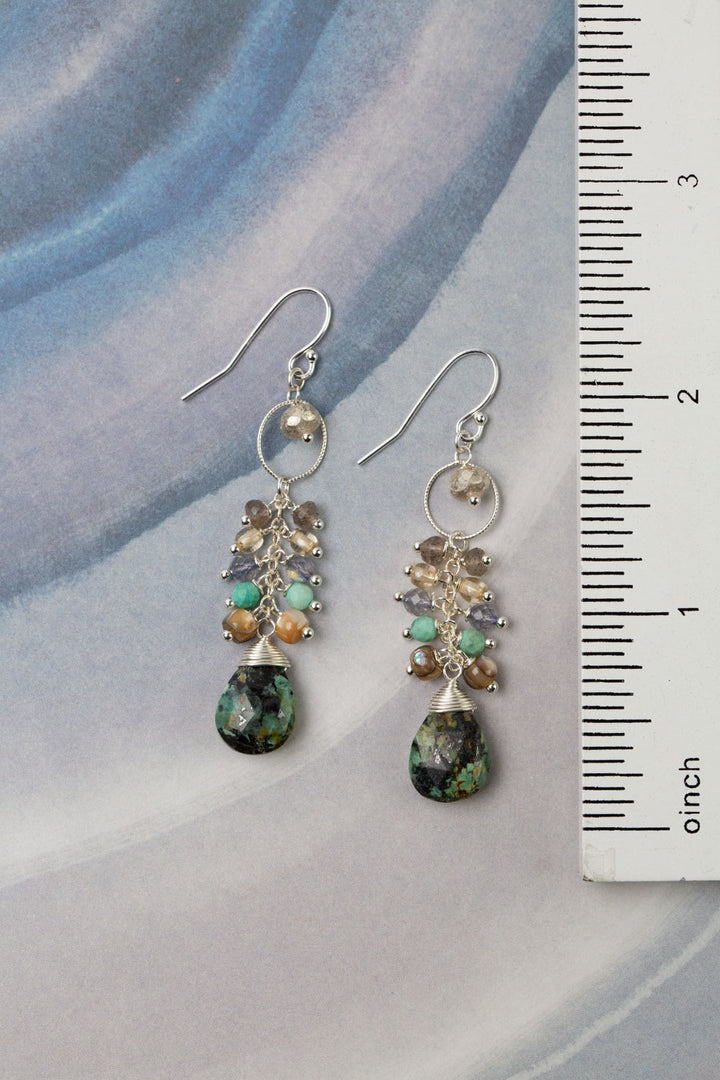 Mystic African Turquoise With Abalone, Czech Glass, Labradorite, And Turquoise Cluster Earrings