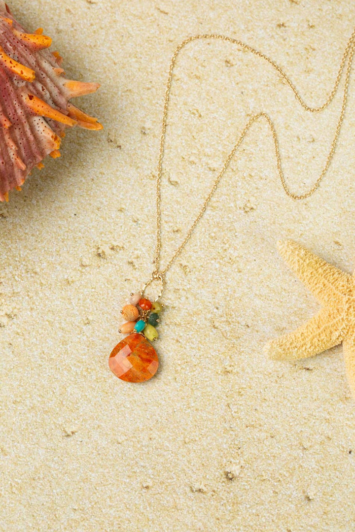 Mango Tango 16-18" Natural Orange Turquoise With Roman Glass, Carnelian, Turquoise, Jade Cluster Necklace