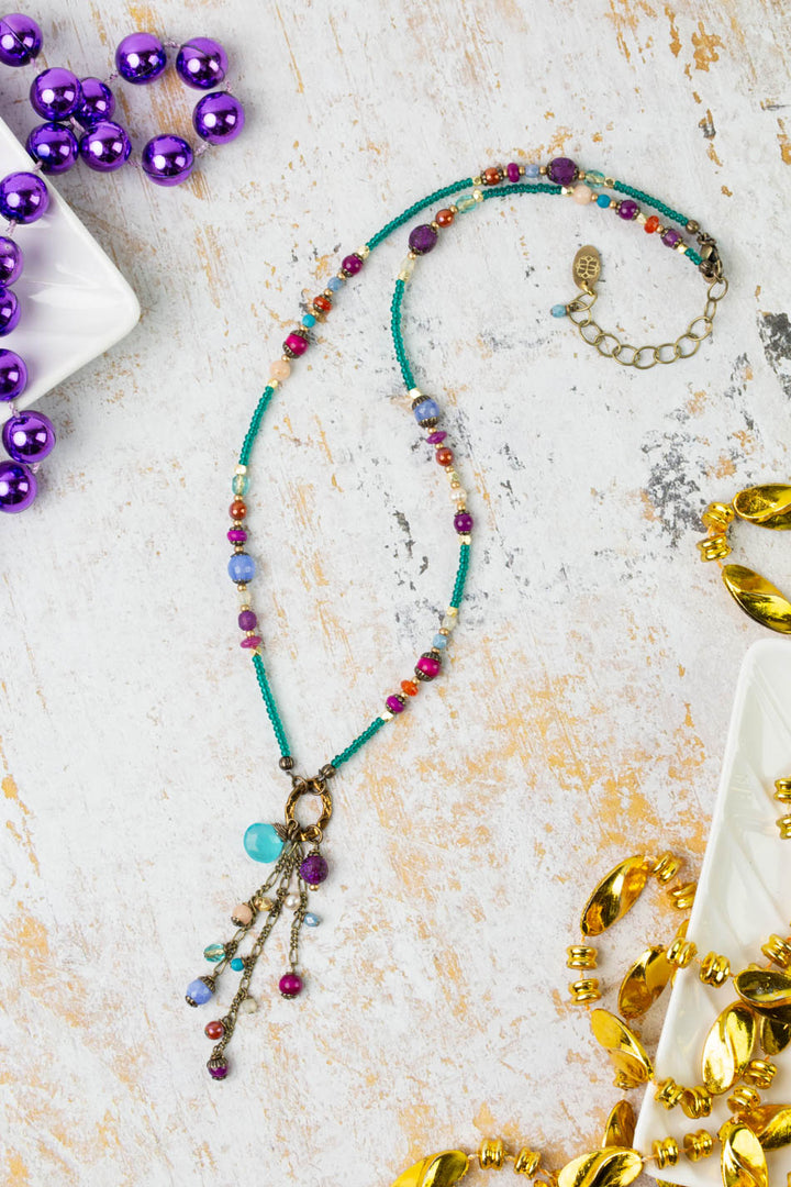 Mardi Gras 17.5-19.5" Czech Glass, Chalcedony Tassel Necklace