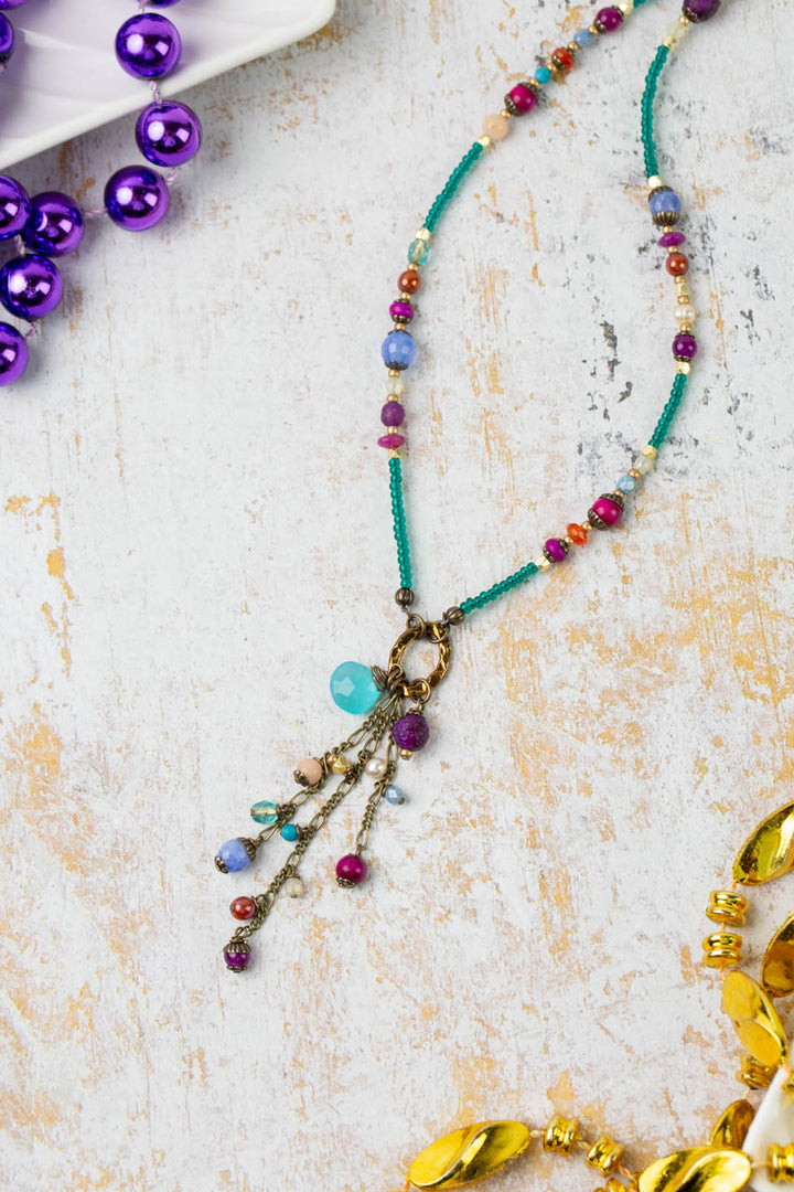 Mardi Gras 17.5-19.5" Czech Glass, Chalcedony Tassel Necklace