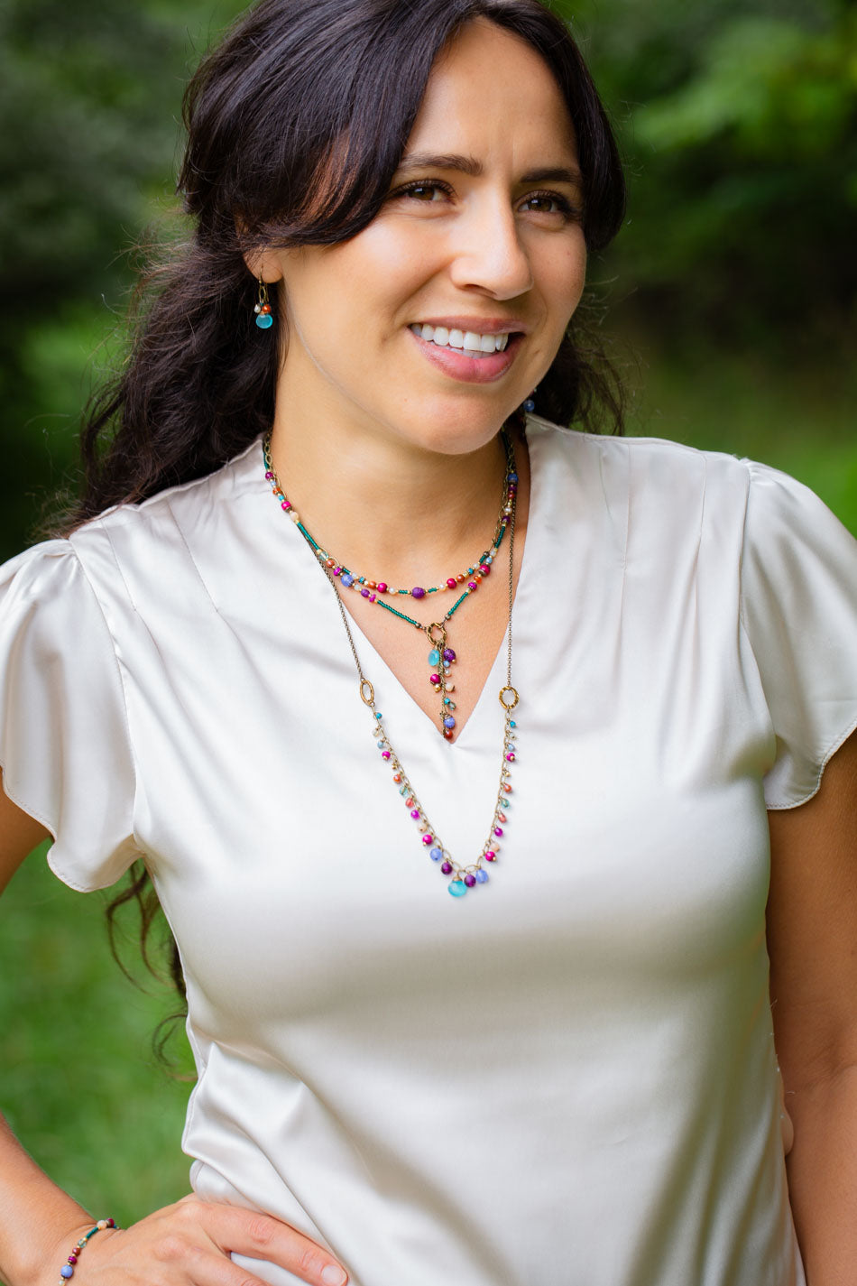 Mardi Gras 17.5-19.5" Czech Glass, Chalcedony Tassel Necklace