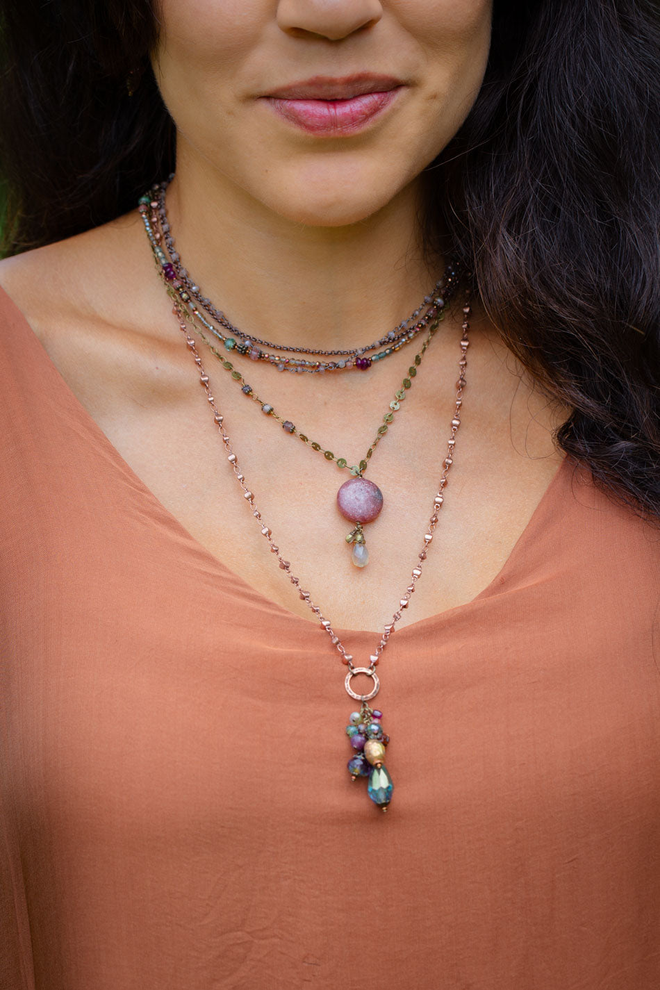 Mauve Mix 21-23" Czech Glass, Crystal, Lepidolite Quartz Multistrand Necklace