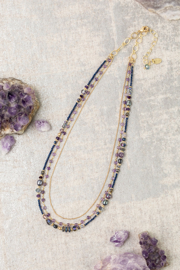 Midnight 20-22" Amethyst, Freshwater Pearl, Crystal Multistrand Necklace