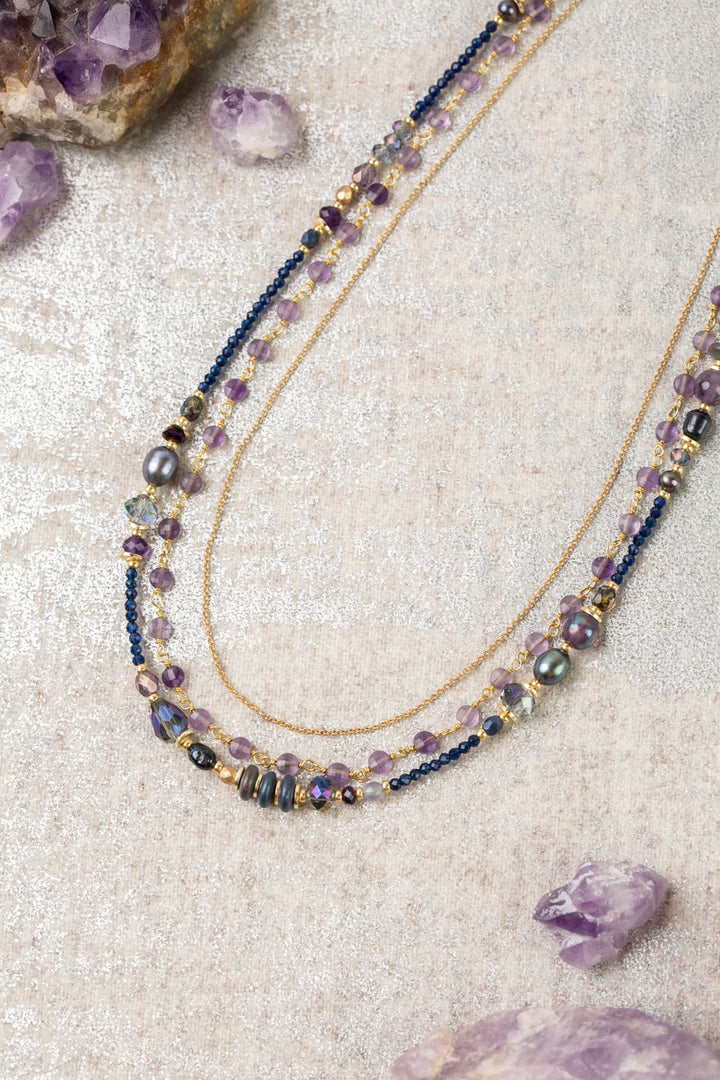 Midnight 20-22" Amethyst, Freshwater Pearl, Crystal Multistrand Necklace