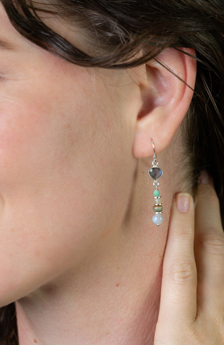 Mystic Labradorite Bezel Gemstone Dangle Earrings