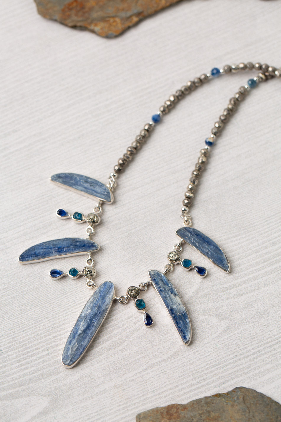 One Of A Kind 16-19" Pyrite With Silver Set Blue Kyanite Statement Necklace