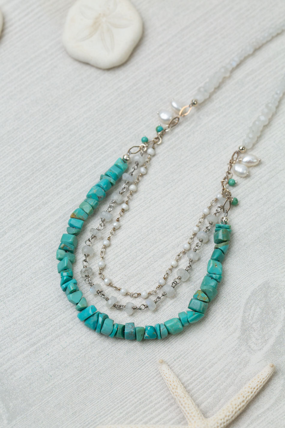 One Of A Kind 19-21" Faceted Rainbow Moonstone, Freshwater Pearl, Turquoise Statement Necklace