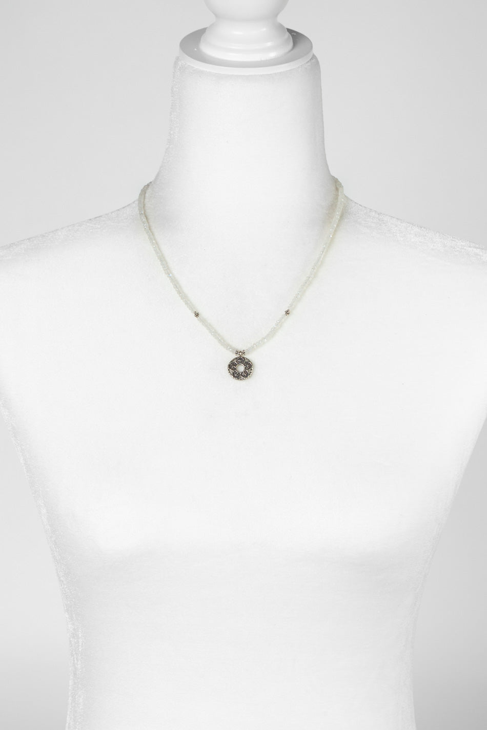 One Of A Kind 19-20" Rainbow Moonstone With Silver Flower Petal Cross & Fish Pendant Statement Necklace