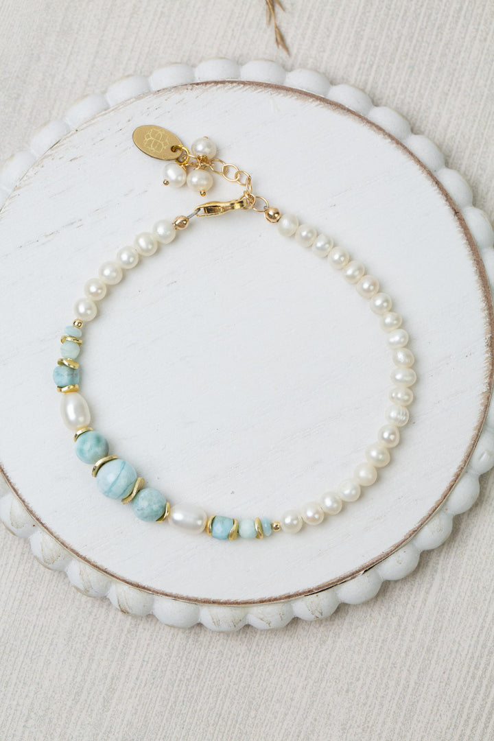 One Of A Kind 7.25-8.25" Freshwater Pearl, Larimar Collage Bracelet
