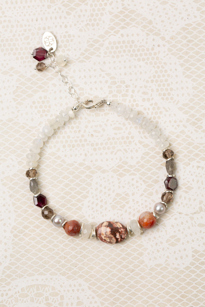 One Of A Kind 7.5-8.5" Moonstone, Garnet With Crazy Lace Agate Simple Bracelet