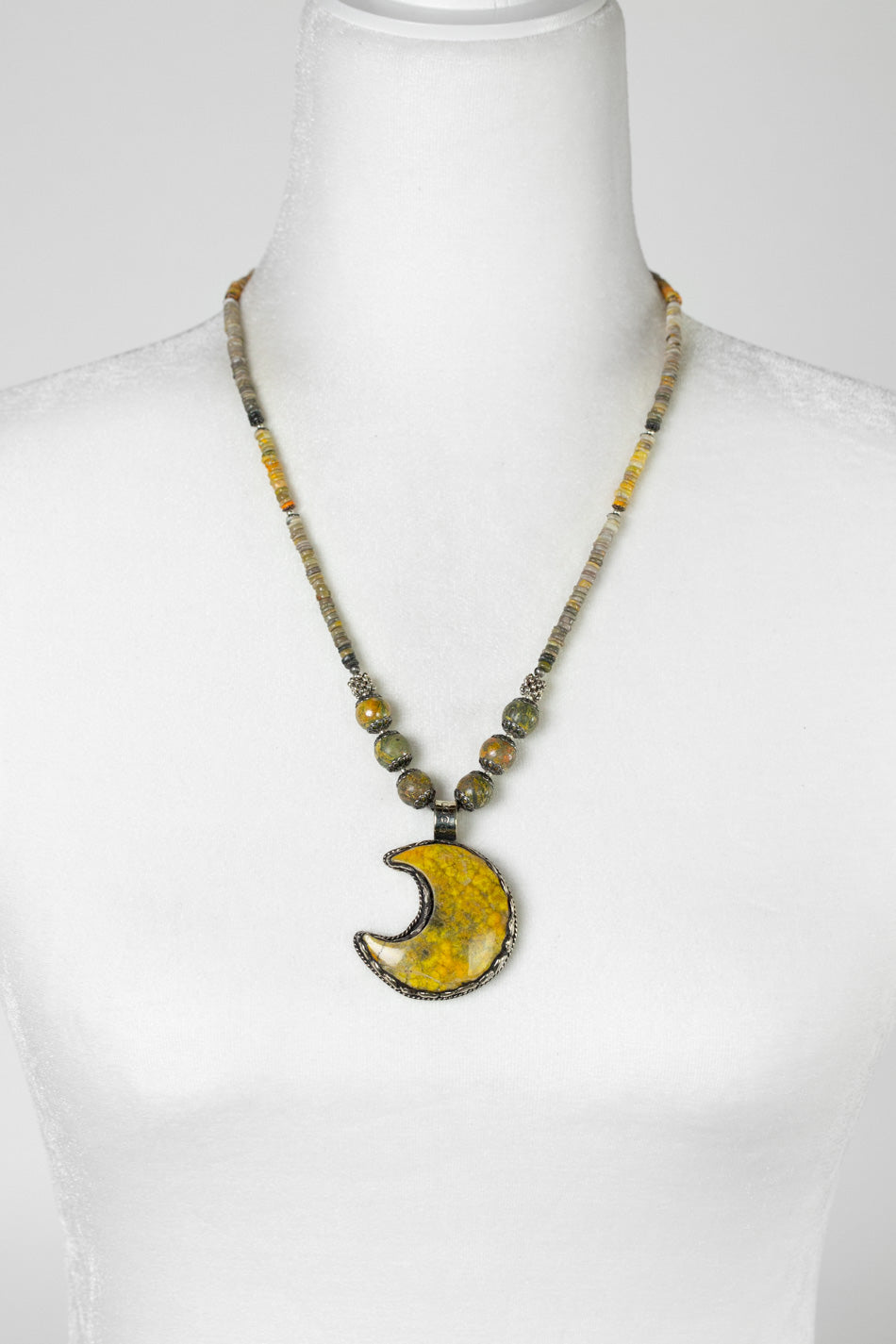 One Of A Kind 22.5-24.5" Bumblebee Jasper Ornate Moon Pendant Statement Necklace