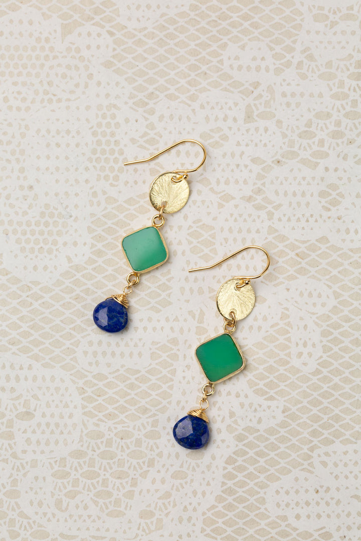 One Of A Kind Faceted Lapis Lazuli Briolette, Chrysoprase Bezel, Brushed Gold Medallion Dangle Earrings