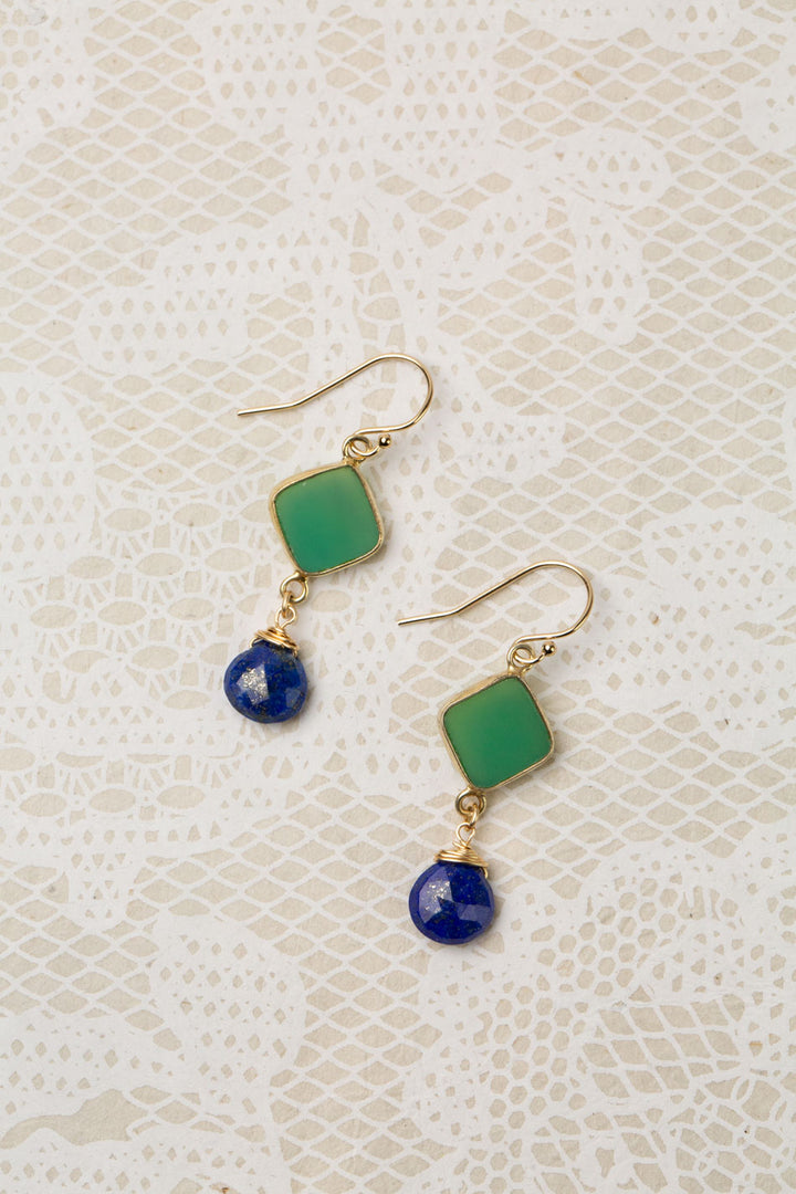 One Of A Kind Chrysoprase Diamond Shaped Bezel With Lapis Lazuli Briolette Dangle Earrings